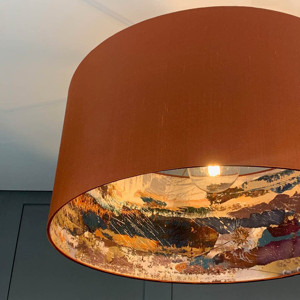 Burnt Orange Silk Pendant Shade with Mairi Helena Mirrored Storm Linen Lining