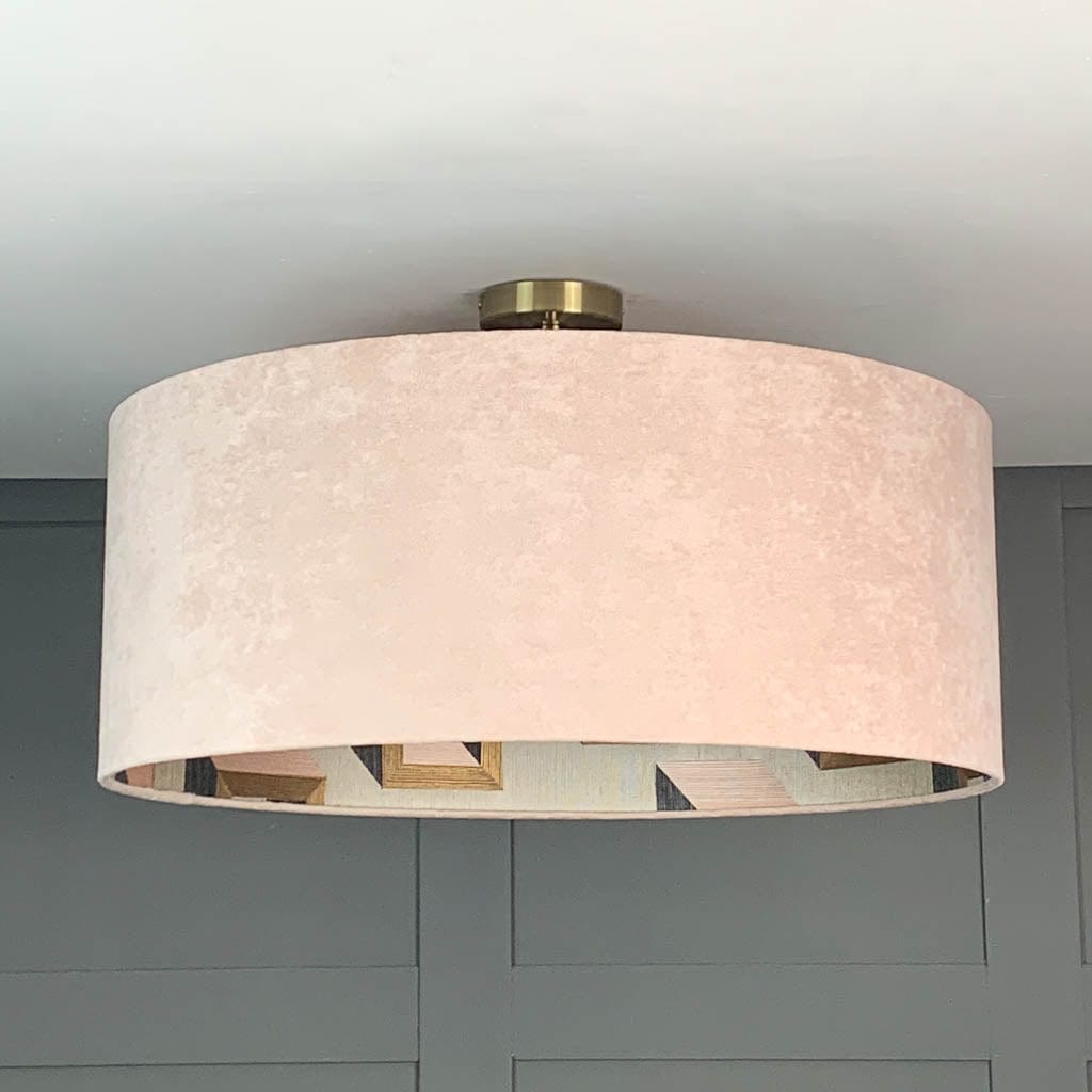 Dusky Pink Velvet Pendant Shade with Arte Detour Wallpaper Lining