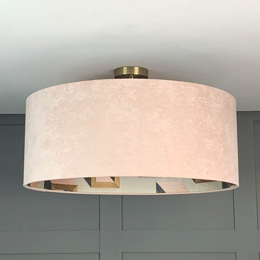 Dusky Pink Velvet Pendant Shade with Arte Detour Wallpaper Lining