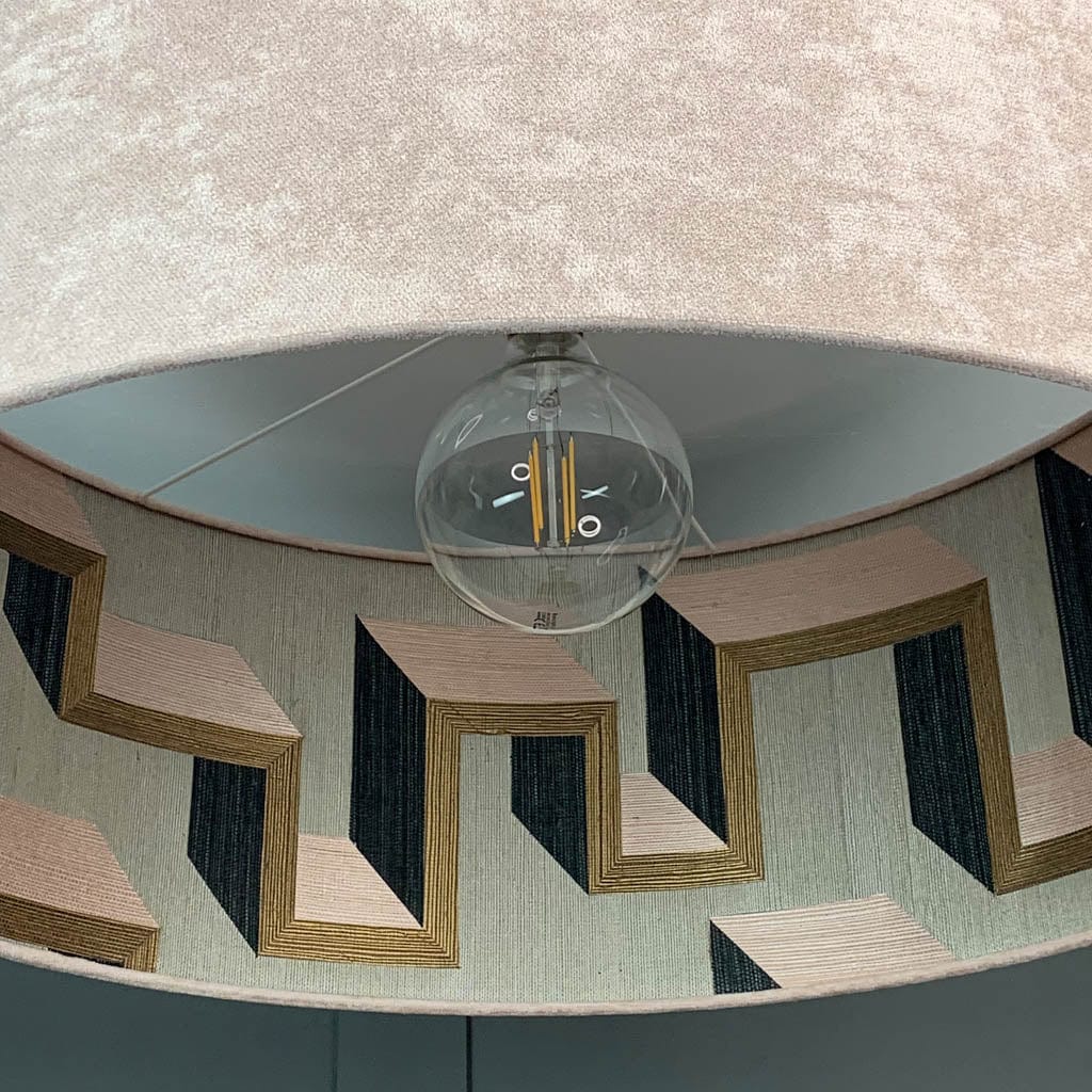 Dusky Pink Velvet Pendant Shade with Arte Detour Wallpaper Lining