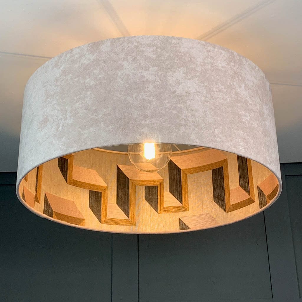Dusky Pink Velvet Pendant Shade with Arte Detour Wallpaper Lining