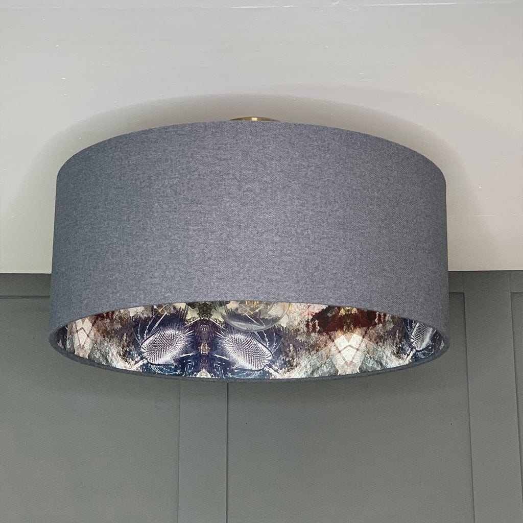 Finlay Denim Pendant Shade with Mairi Helena Scottish Flora Bronze Flush Wallpaper Lining