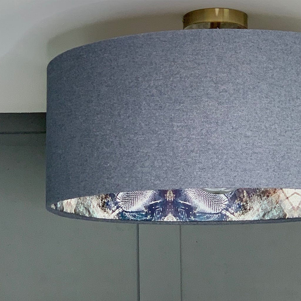 Finlay Denim Pendant Shade with Mairi Helena Scottish Flora Bronze Flush Wallpaper Lining