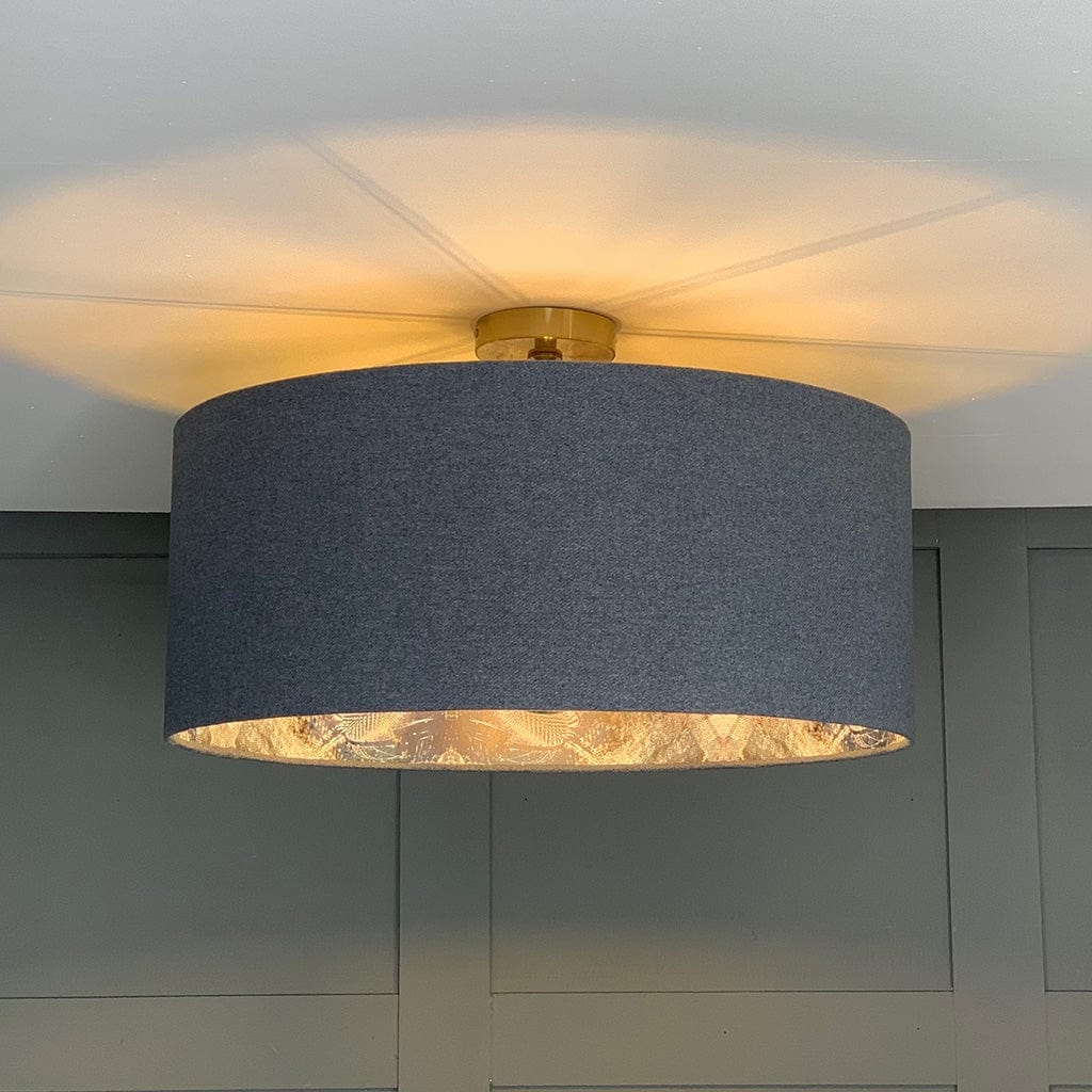 Finlay Denim Pendant Shade with Mairi Helena Scottish Flora Bronze Flush Wallpaper Lining