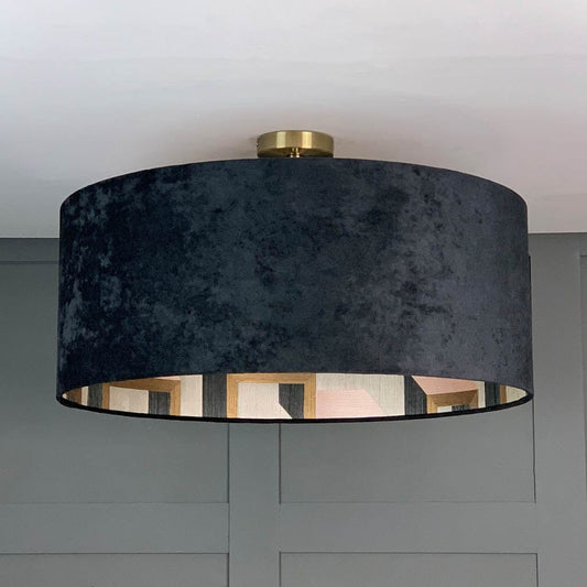 Jet Black Velvet Pendant Shade with Arte Detour Wallpaper Lining