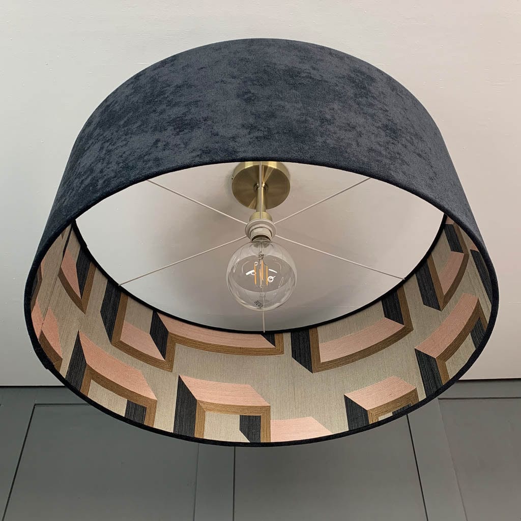 Jet Black Velvet Pendant Shade with Arte Detour Wallpaper Lining