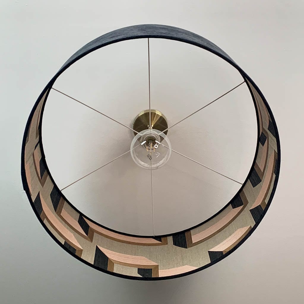 Jet Black Velvet Pendant Shade with Arte Detour Wallpaper Lining