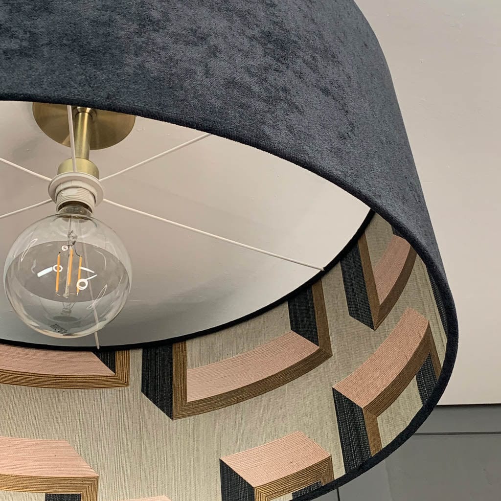 Jet Black Velvet Pendant Shade with Arte Detour Wallpaper Lining