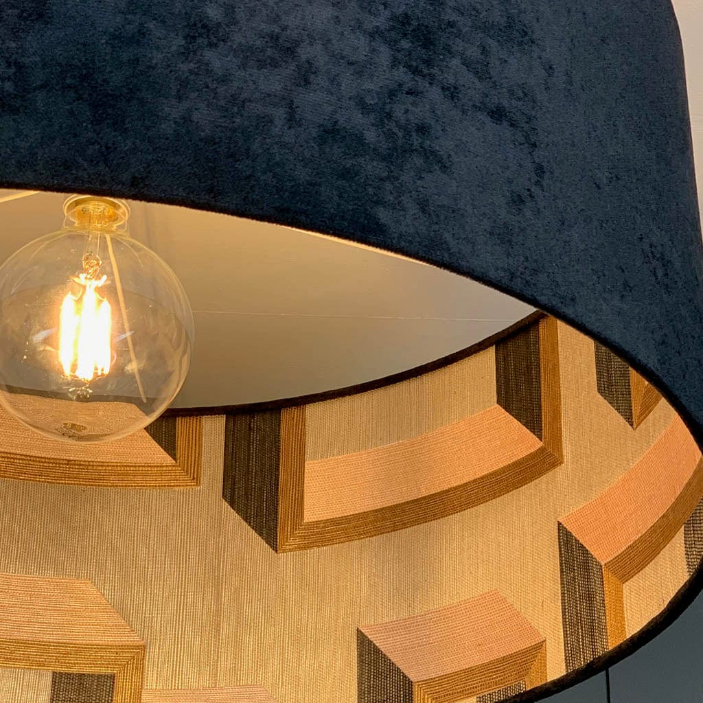 Jet Black Velvet Pendant Shade with Arte Detour Wallpaper Lining