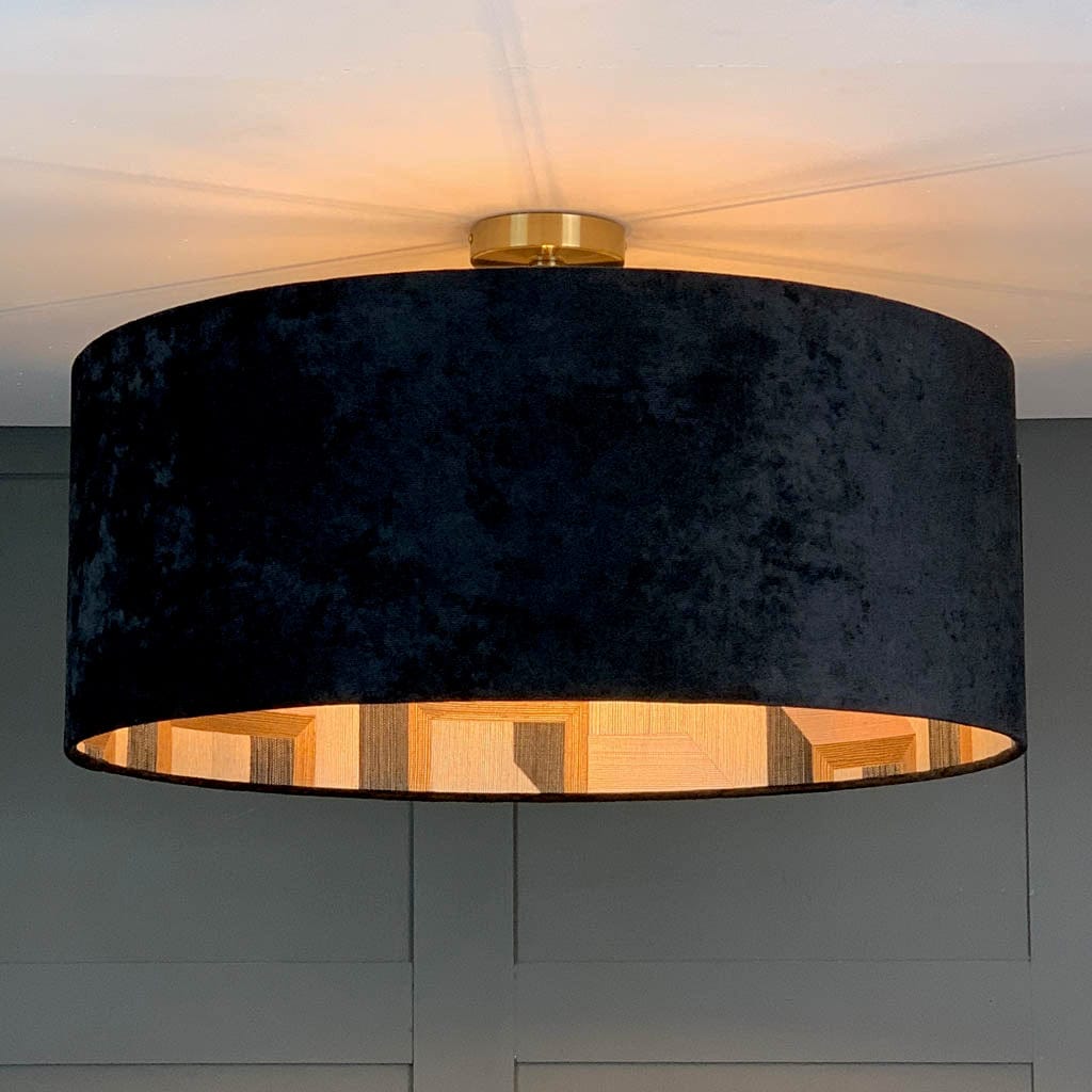 Jet Black Velvet Pendant Shade with Arte Detour Wallpaper Lining