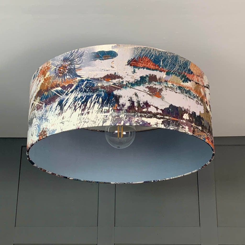 Mairi Helena Mirrored Storm Light Linen Pendant Shadewith Lunar Grey Blue Silk Lining