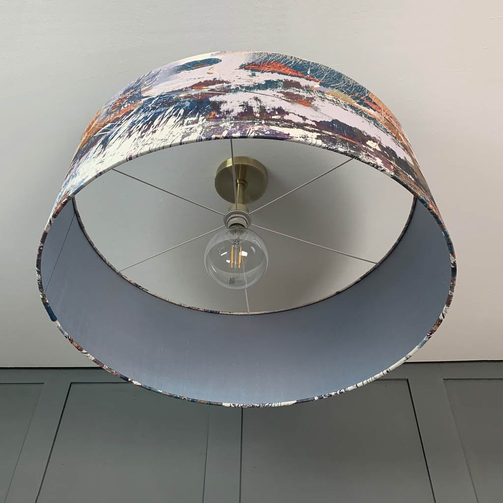 Mairi Helena Mirrored Storm Light Linen Pendant Shadewith Lunar Grey Blue Silk Lining
