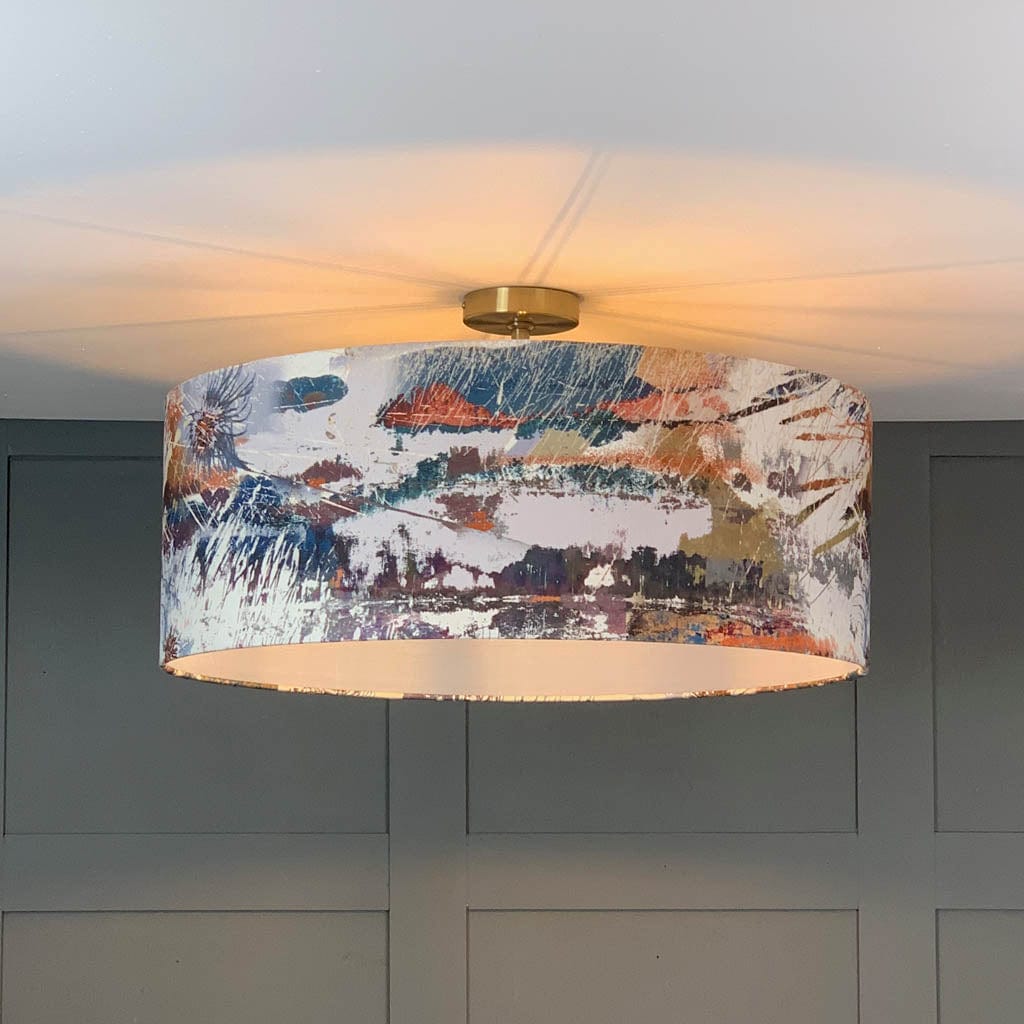 Mairi Helena Mirrored Storm Light Linen Pendant Shadewith Lunar Grey Blue Silk Lining