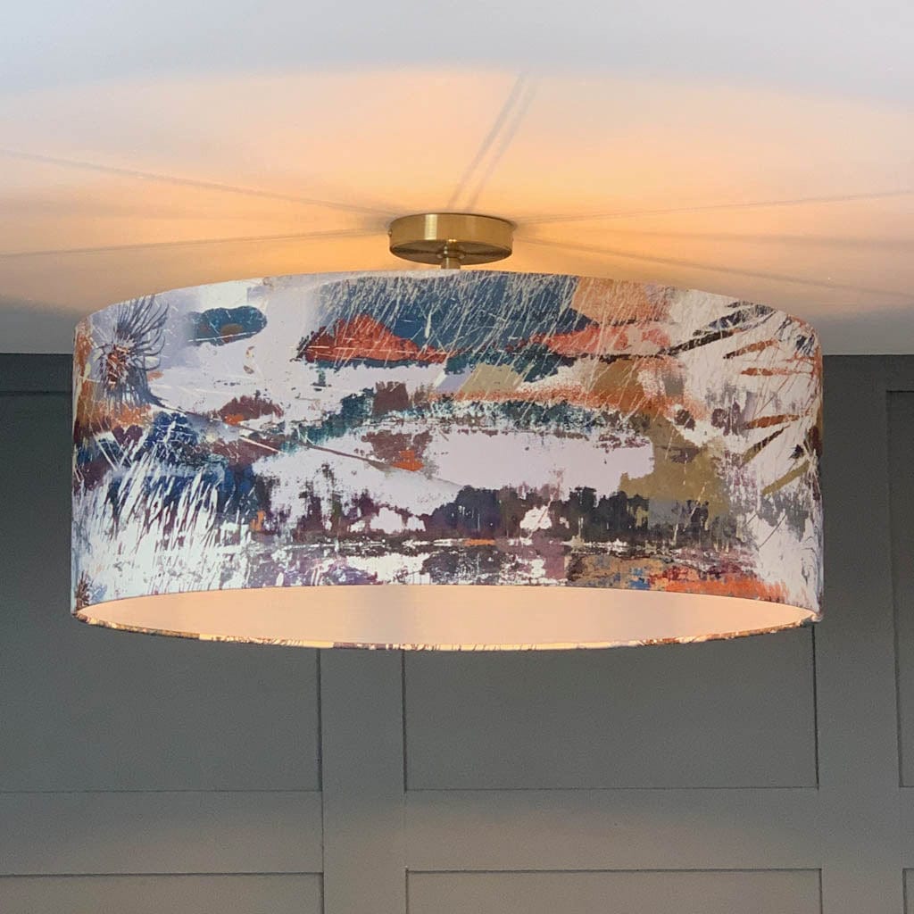 Mairi Helena Mirrored Storm Light Linen Pendant Shadewith Lunar Grey Blue Silk Lining