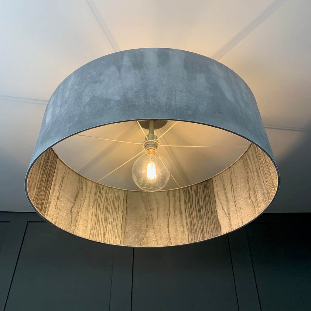 Light Grey Ombre Pendant Shade with Harlequin Metamorphic Pewter Lead Wallpaper Lining