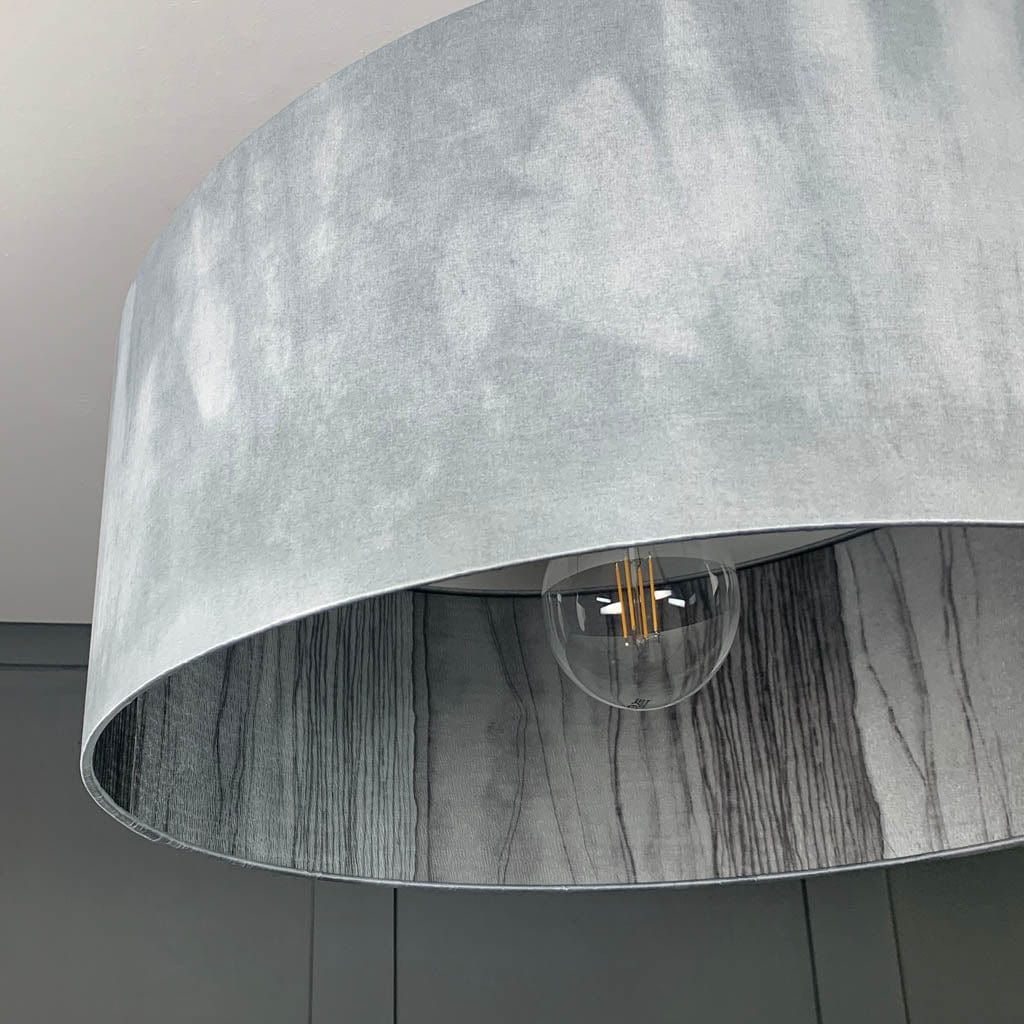 Light Grey Ombre Pendant Shade with Harlequin Metamorphic Pewter Lead Wallpaper Lining