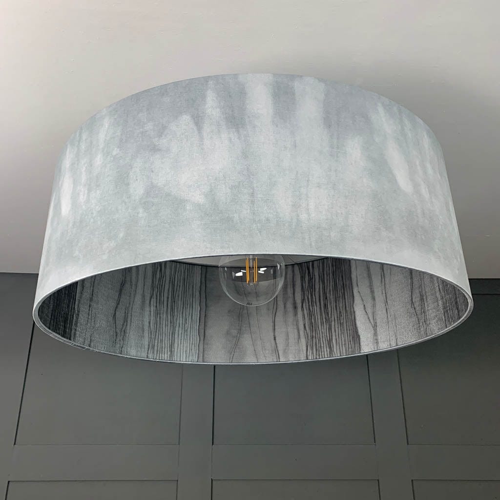 Light Grey Ombre Pendant Shade with Harlequin Metamorphic Pewter Lead Wallpaper Lining