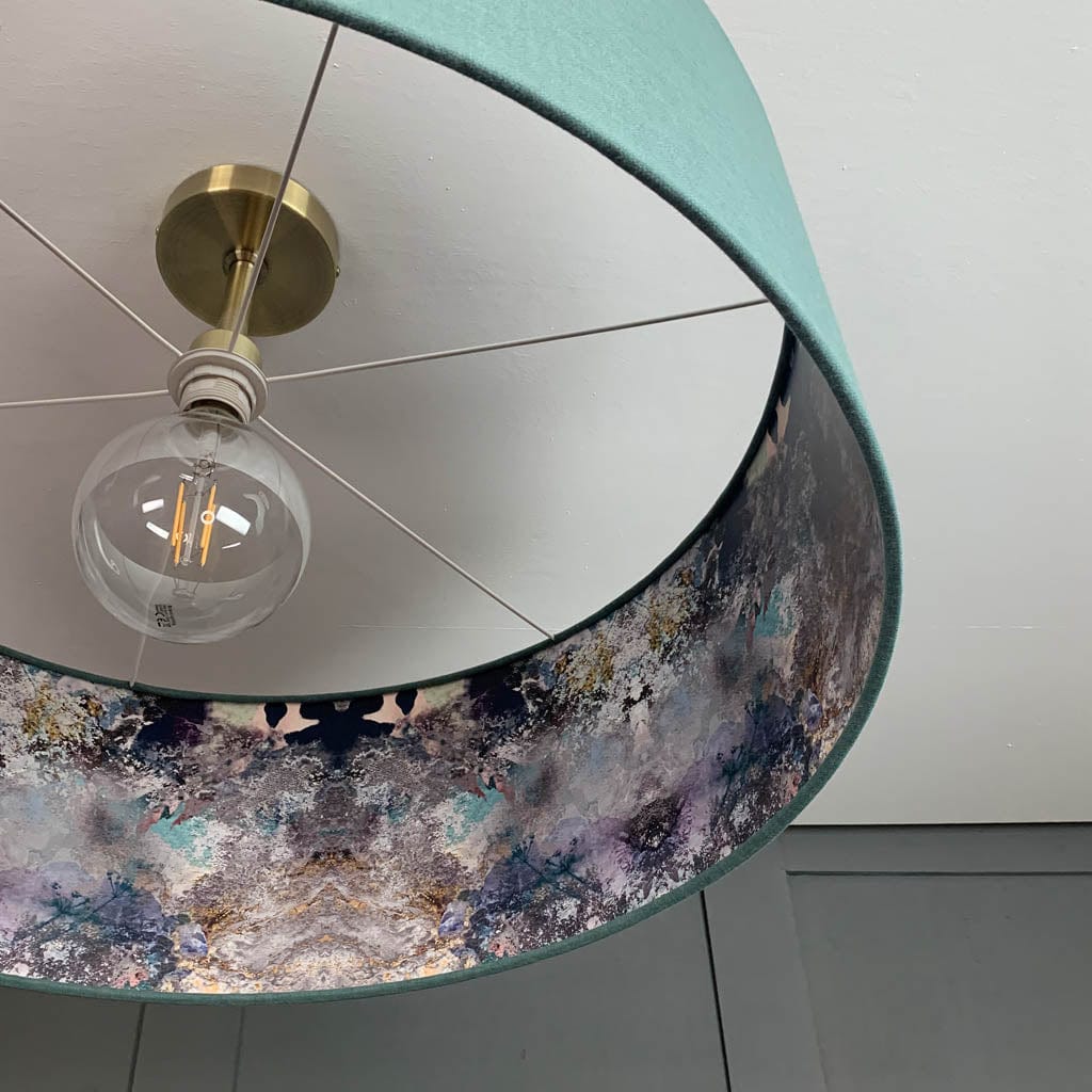 Oslo Spray Pendant Shade with Mairi Helena Hebridean Homelands Wallpaper Lining