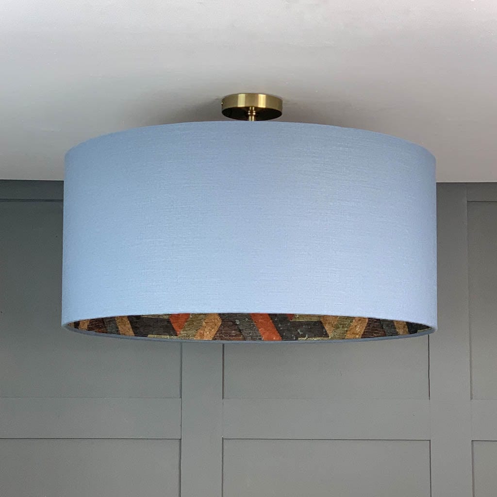 Saxon Slate Linen Pendant Shade with Anthology Escheresque Copper/Slate Cork Wallpaper Lining