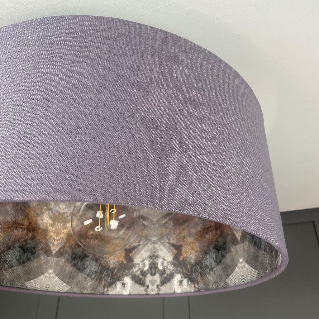 Saxon Violet Pendant Shade with Mairi Helena Scottish Flora Grey Thistle Wallpaper Lining