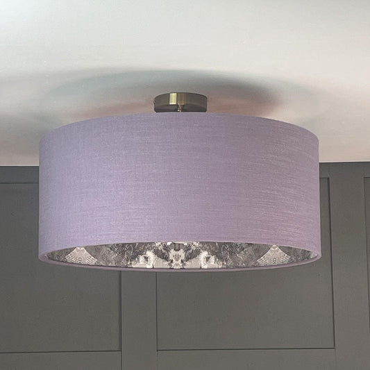 Saxon Violet Pendant Shade with Mairi Helena Scottish Flora Grey Thistle Wallpaper Lining