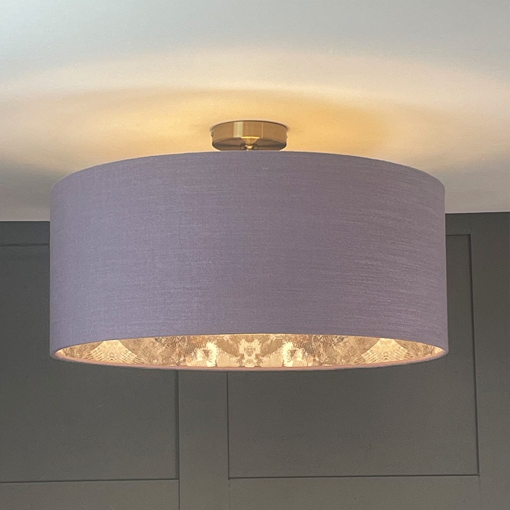 Saxon Violet Pendant Shade with Mairi Helena Scottish Flora Grey Thistle Wallpaper Lining