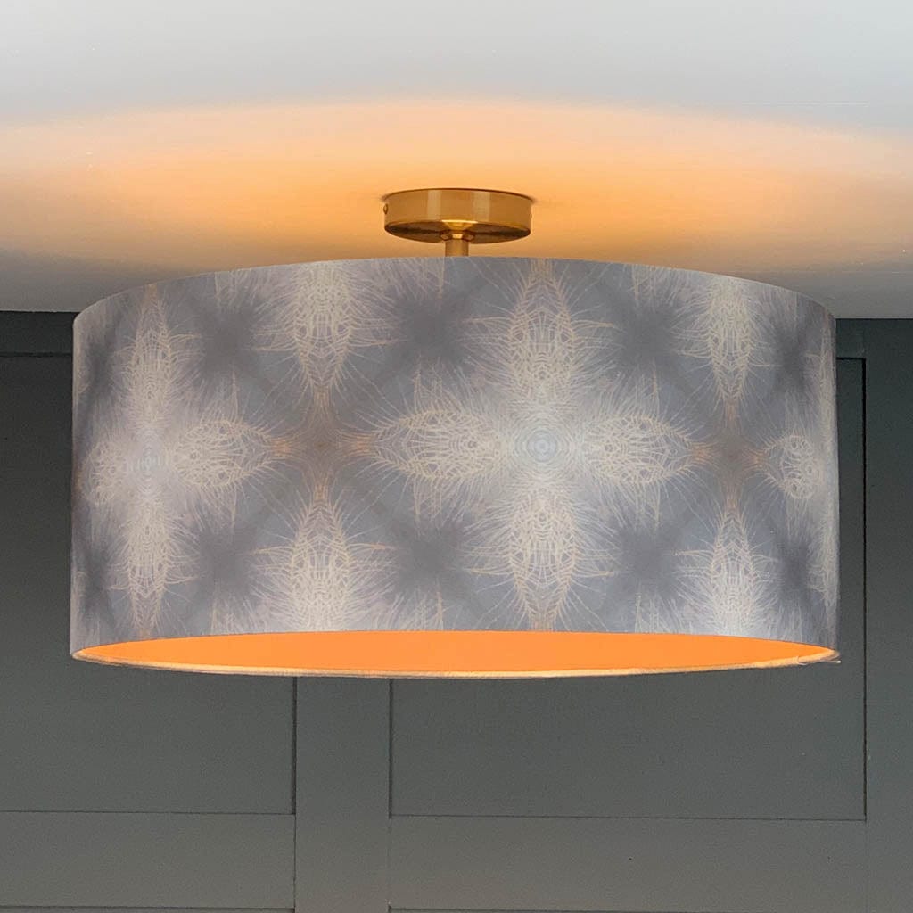 Julia Clare's Peacock Feather Linen in Warm Ash & Blue Pendant Shade with Malt/Neutral Silk Lining