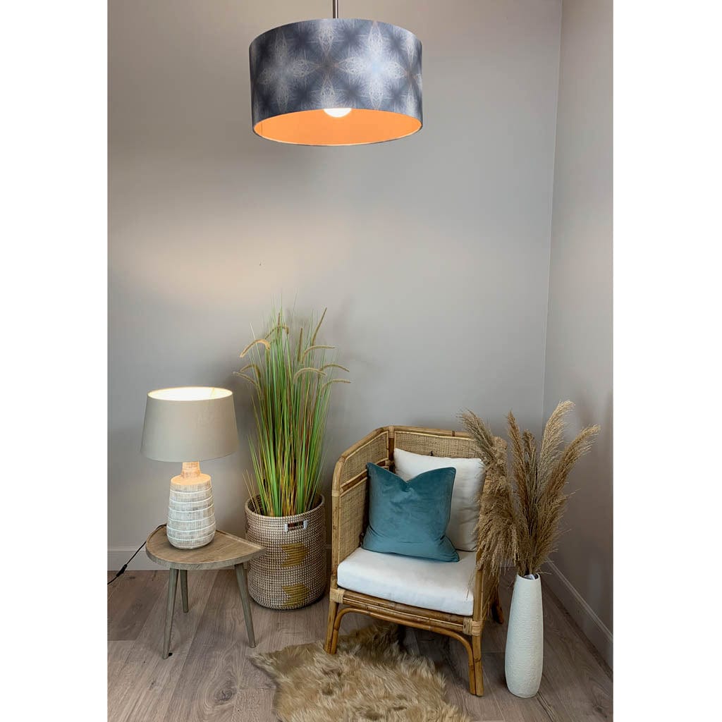 Julia Clare's Peacock Feather Linen in Warm Ash & Blue Pendant Shade with Malt/Neutral Silk Lining