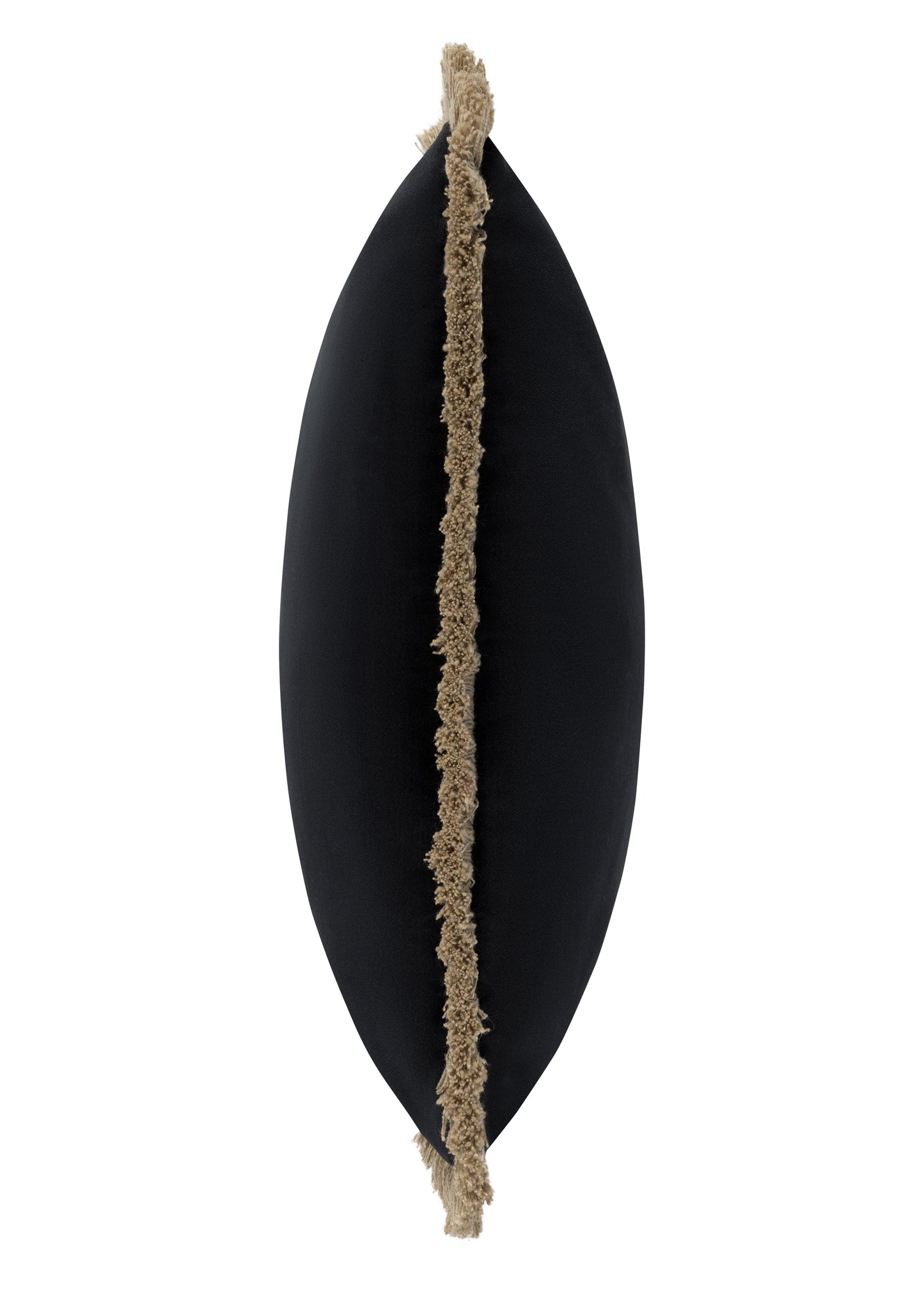 Black oval cushion side with a textured brown tassel strap on a white background