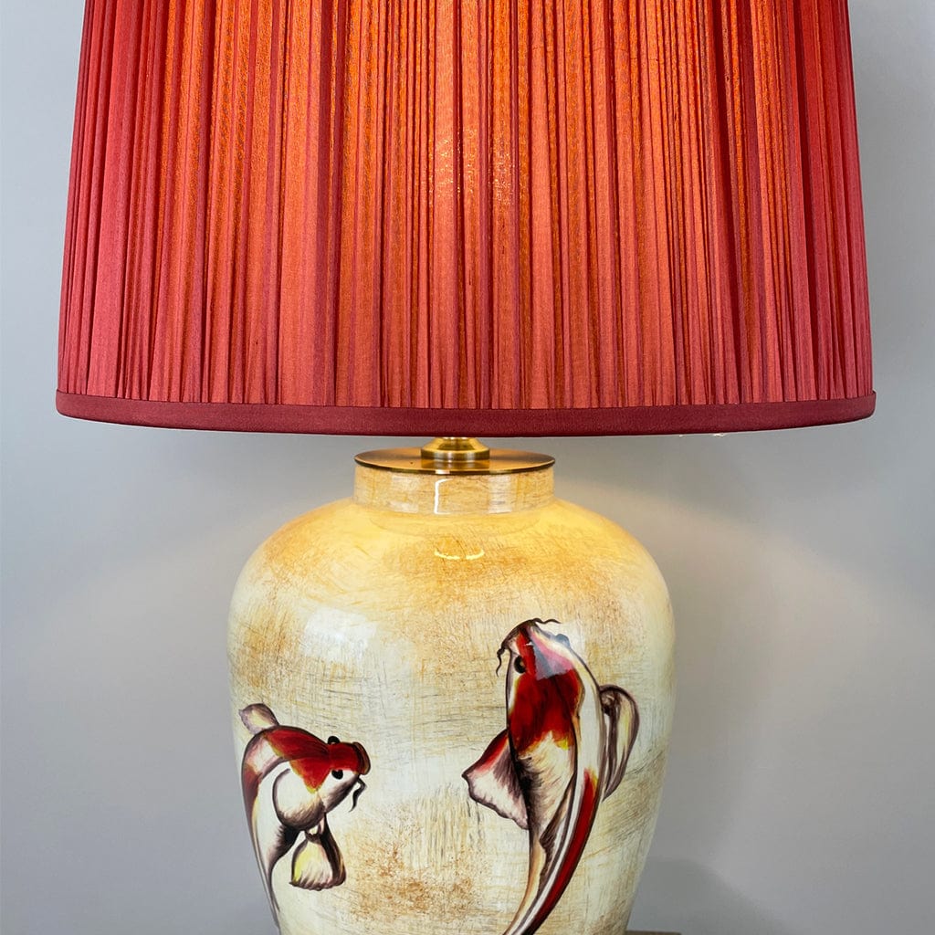 Emerayn Koi Natural Ceramic Table Lamp with Pleated Red Silk Tapered Shade