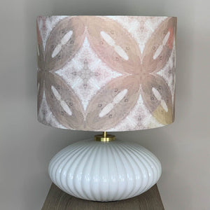 Emilia White Ribbed Glass & Gold Oval Table Lamp with Julia Clare's Ancient Tracery 2 Linen in Coral Lampshade