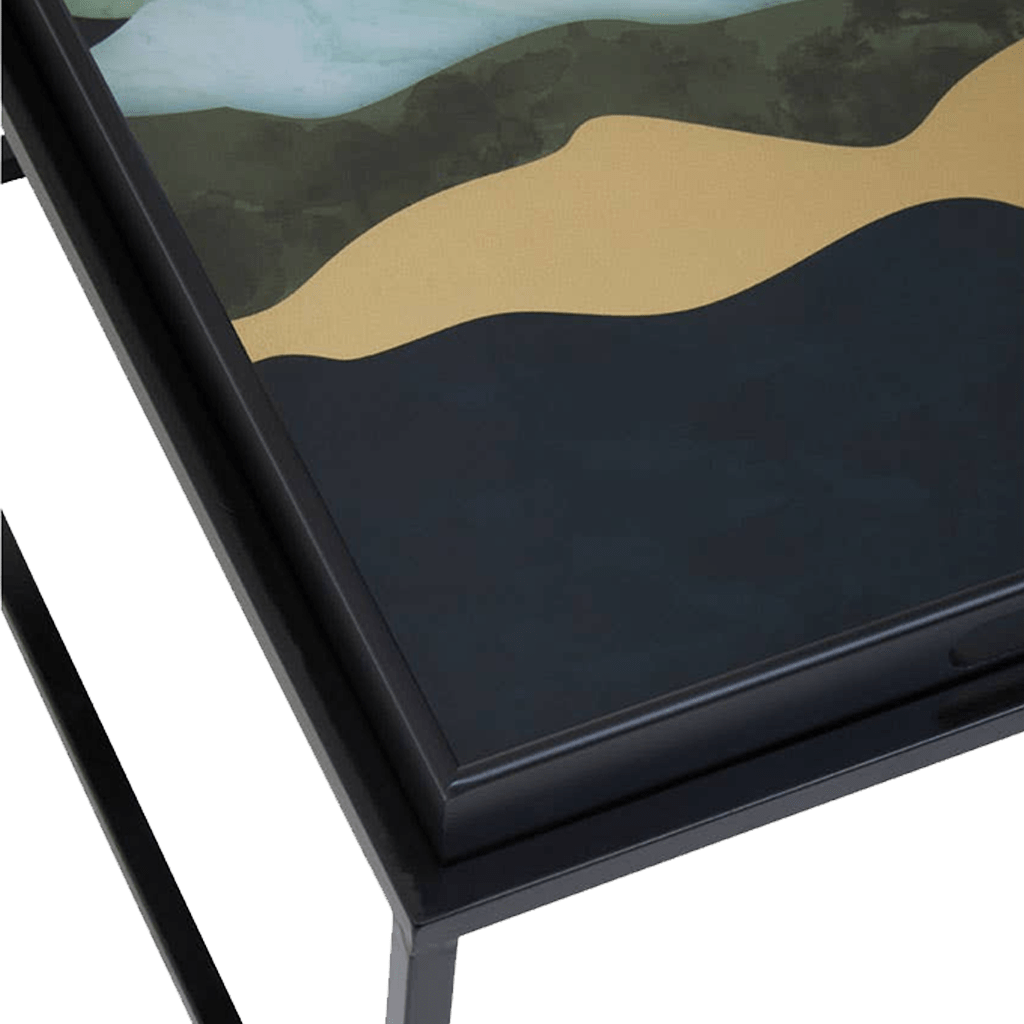 Abstract art piece with geometric shapes in black, gold, and green on a white background