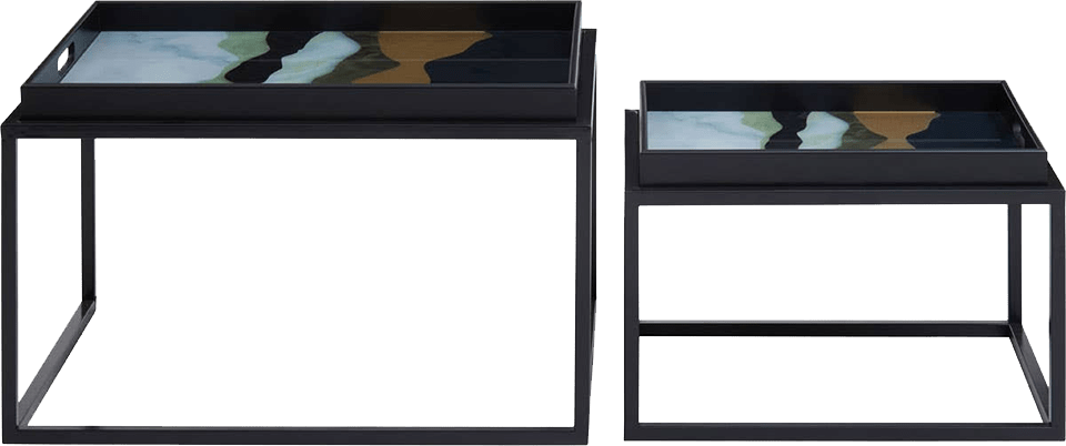 Two black side tables with abstract patterned tops on a transparent background