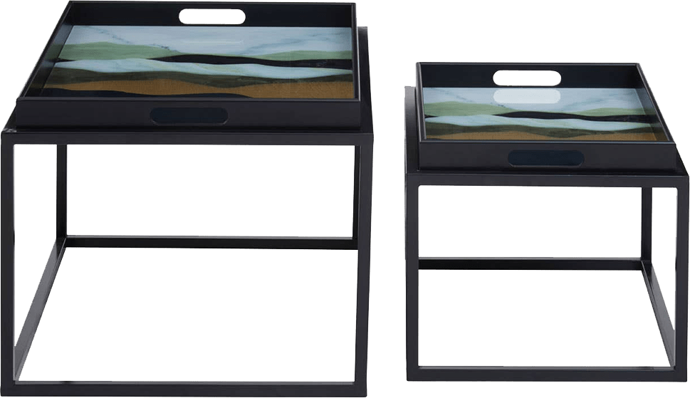 Two black serving trays with scenic designs on a transparent background