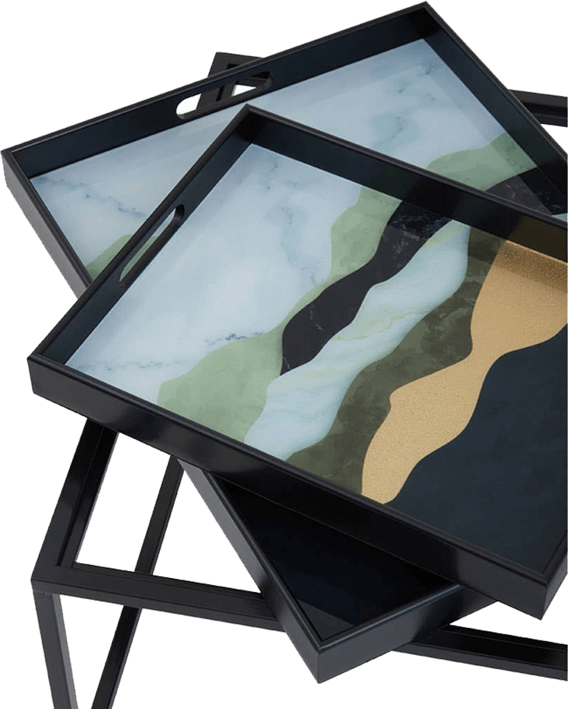 Two decorative trays with abstract designs on a transparent background