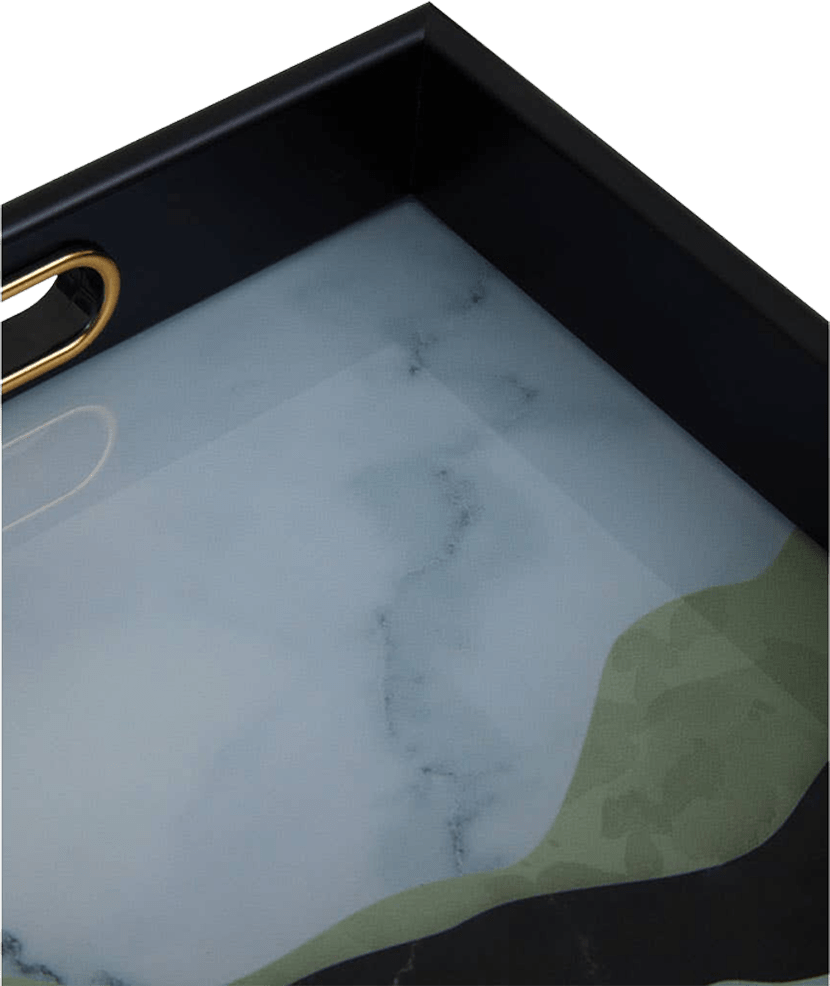Marble-patterned tray with black rim and gold handle on a white background