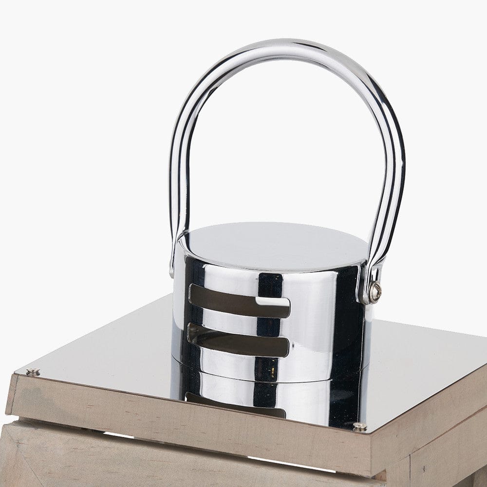Grey Wood & Chrome Lantern Table Lamp