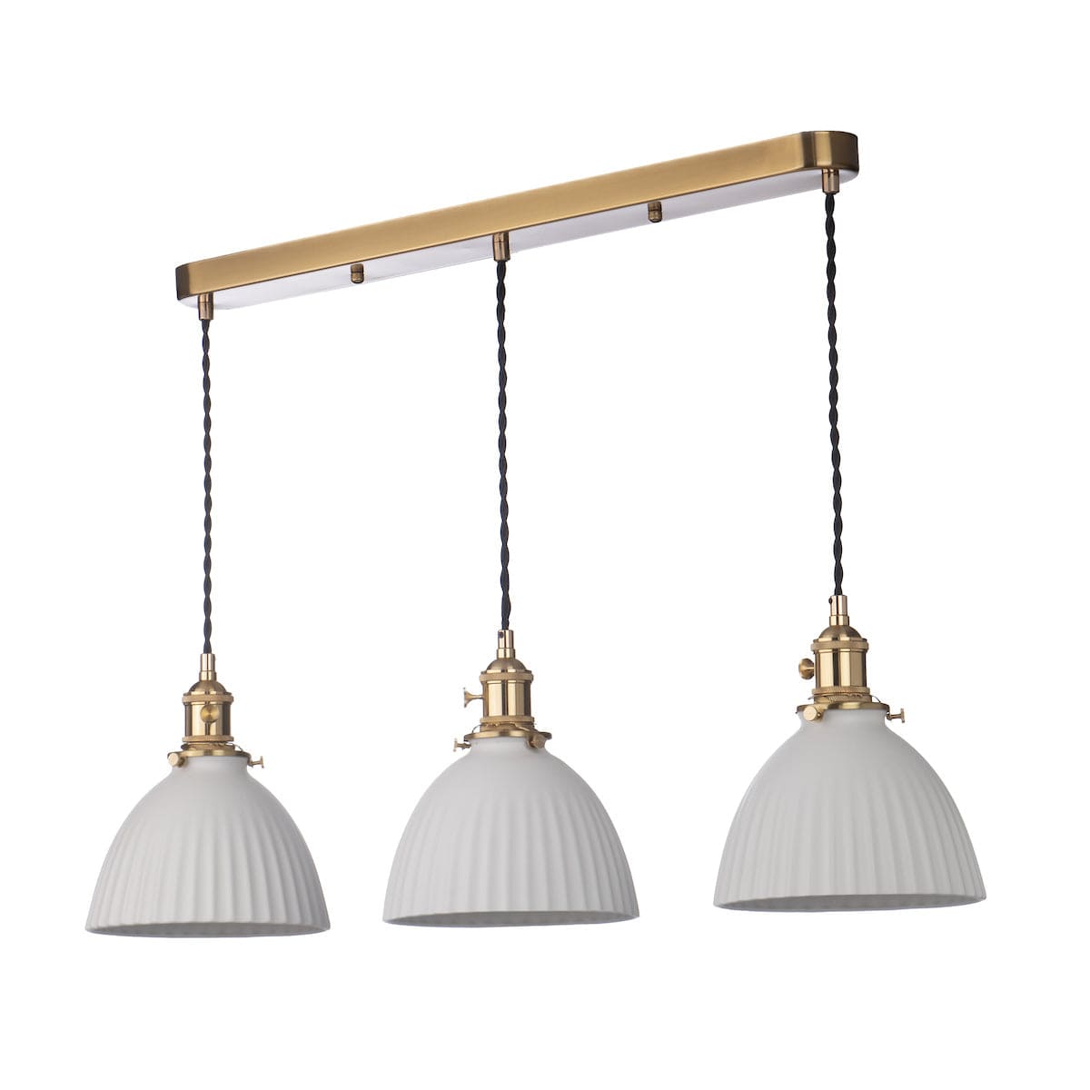Hadano 3 Light Brass Suspension with Ceramic Domed Shades