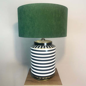 Humbug Black & White Stripe Tall Ceramic Table Lamp with Emerald Green Recycled Fabric Drum Shade