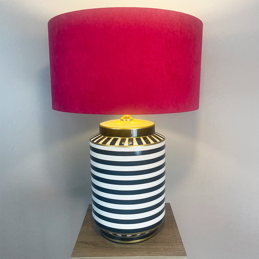 Humbug Black & White Stripe Tall Ceramic Table Lamp with Fuchsia Pink Recycled Fabric Drum Shade