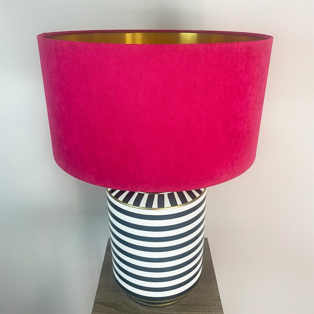 Humbug Black & White Stripe Tall Ceramic Table Lamp with Fuchsia Pink Recycled Fabric Drum Shade