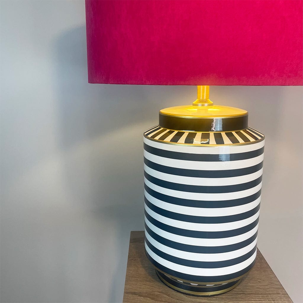 Humbug Black & White Stripe Tall Ceramic Table Lamp with Fuchsia Pink Recycled Fabric Drum Shade