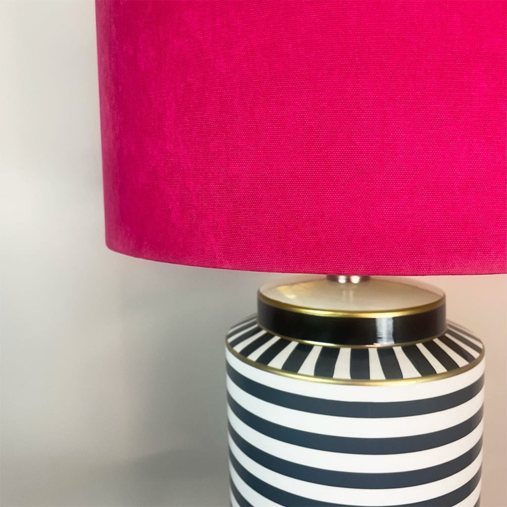Humbug Black & White Stripe Tall Ceramic Table Lamp with Fuchsia Pink Recycled Fabric Drum Shade