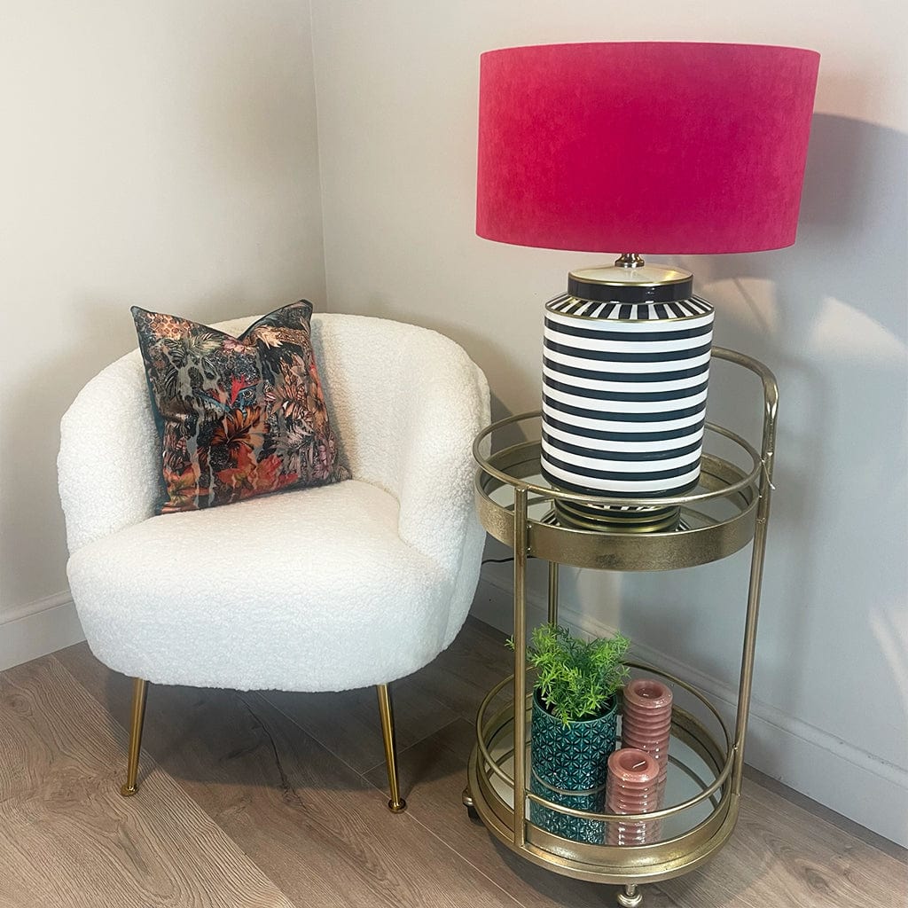 Humbug Black & White Stripe Tall Ceramic Table Lamp with Fuchsia Pink Recycled Fabric Drum Shade