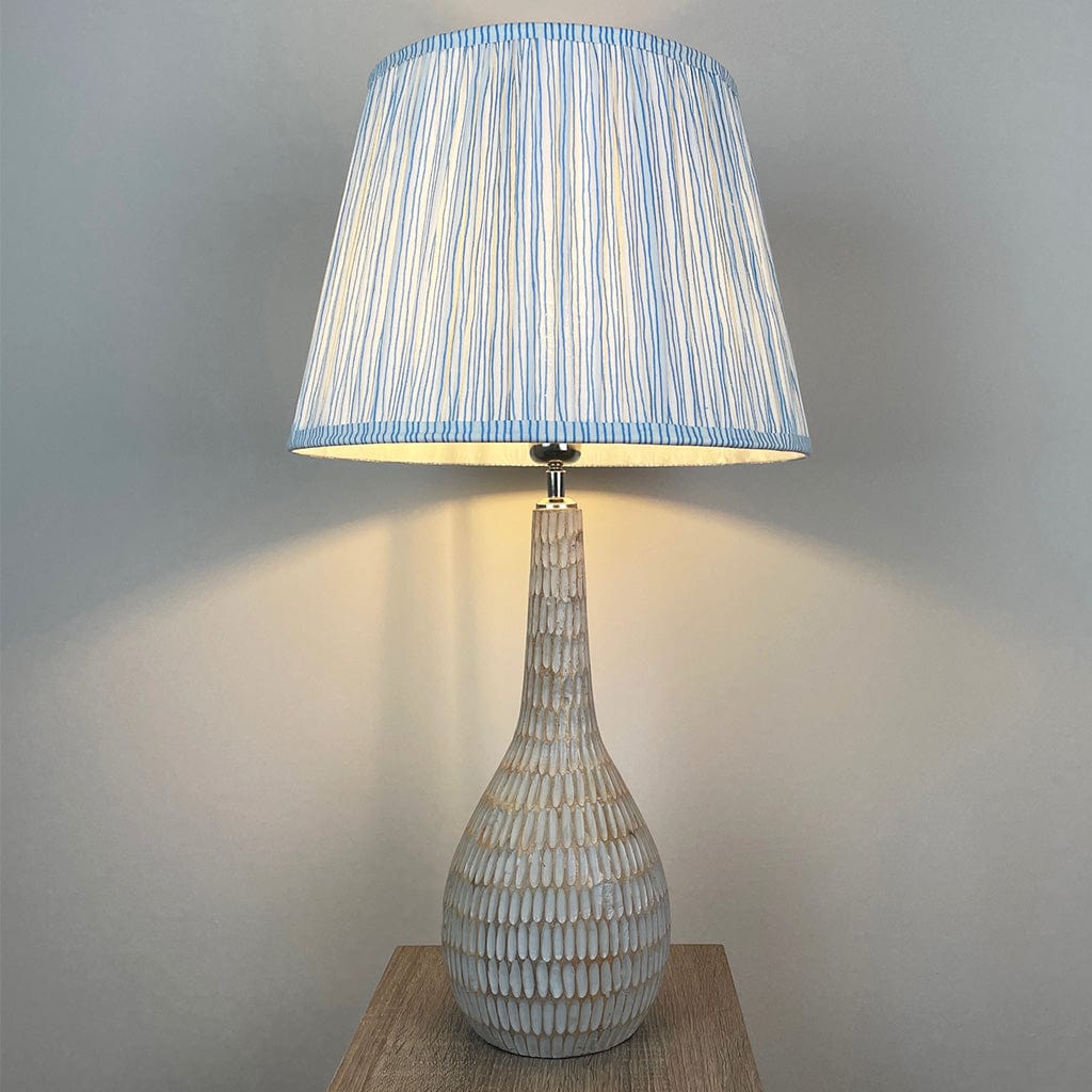 Ioan Grey Engraved Table Lamp with Ocean Blue Striped Tapered Shade