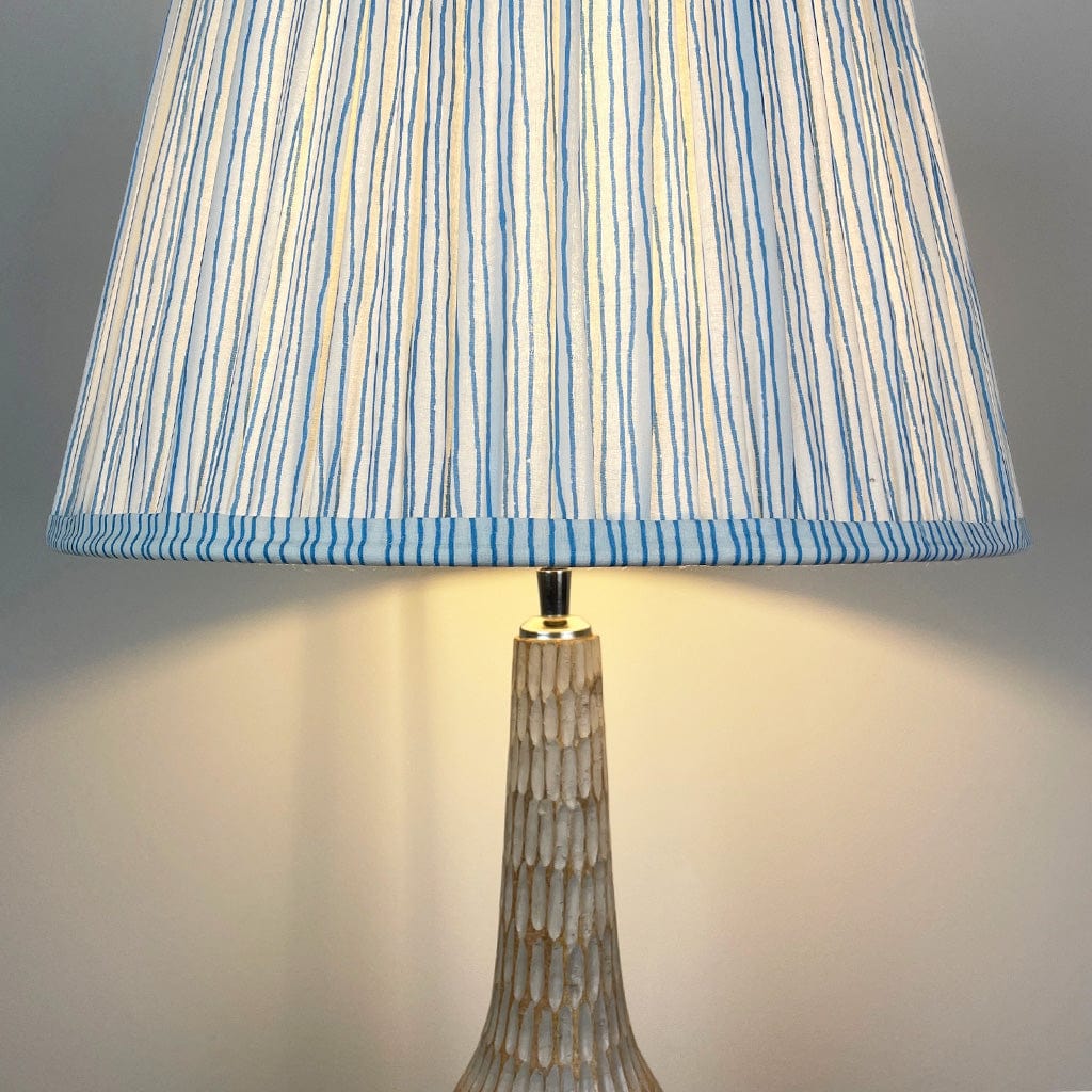Ioan Grey Engraved Table Lamp with Ocean Blue Striped Tapered Shade