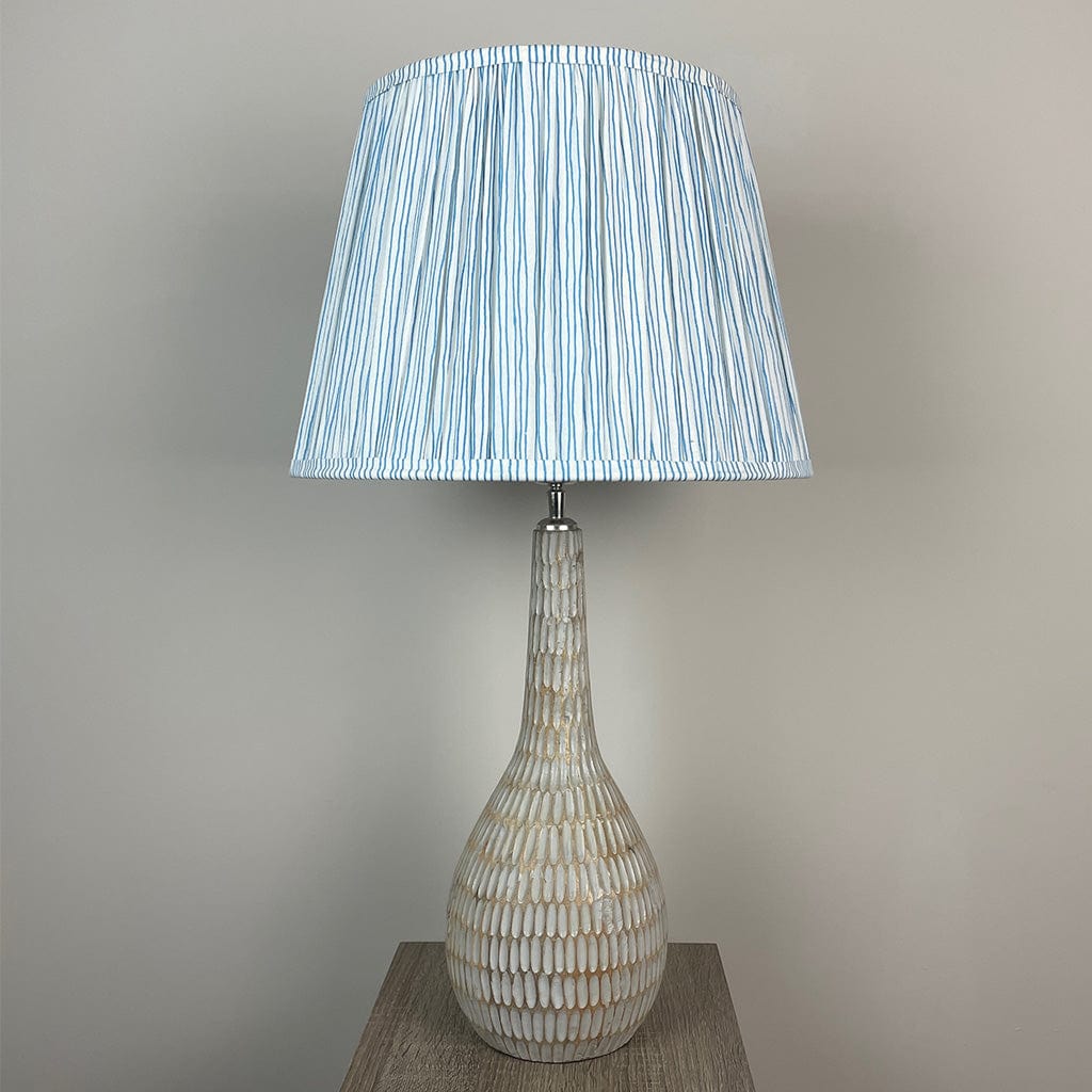 Ioan Grey Engraved Table Lamp with Ocean Blue Striped Tapered Shade