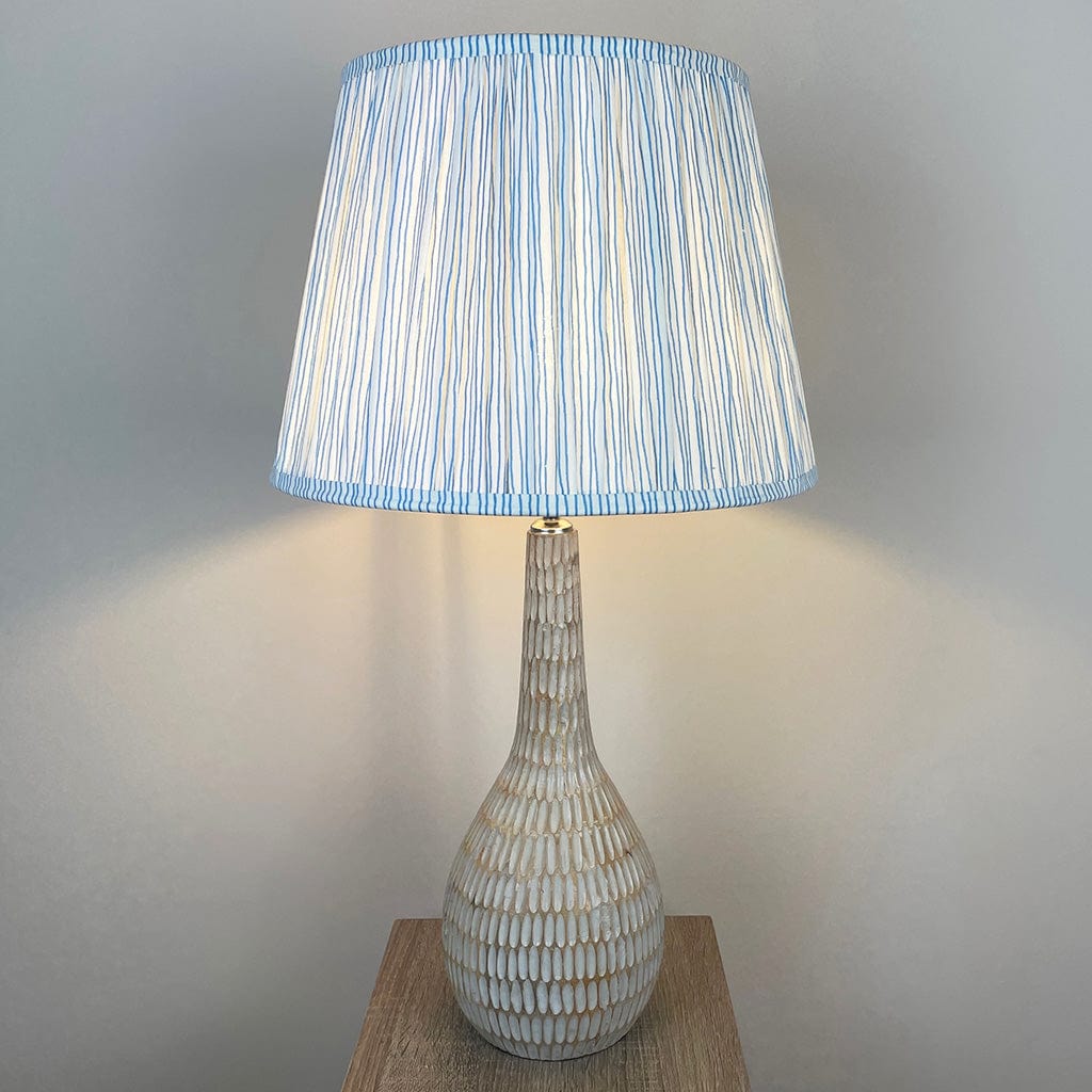 Ioan Grey Engraved Table Lamp with Ocean Blue Striped Tapered Shade