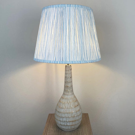 Ioan Grey Engraved Table Lamp with Ocean Blue Striped Tapered Shade