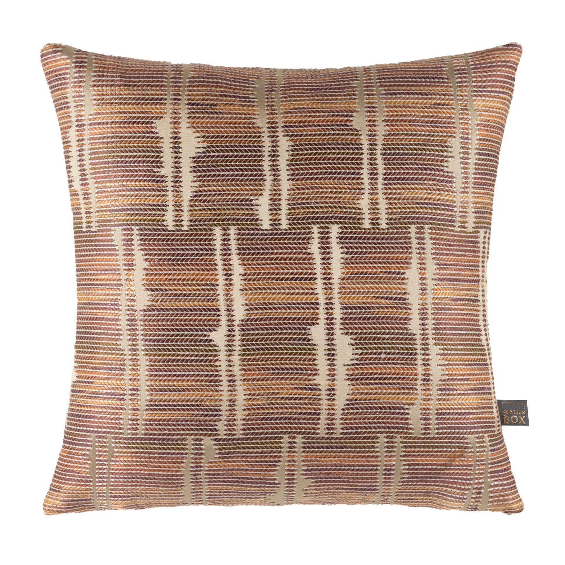 Patterned pillow with a visible brand tag on a white background